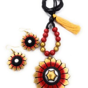 Golden & Red Flower Shaped Terracotta Necklace Set