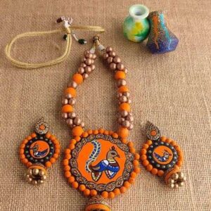 Orange Peacock Painted Terracotta Pendant Set