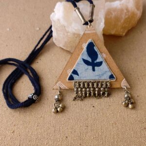 Triangle MDF Wood Necklace with Daabu Fabric & Tribal Metal