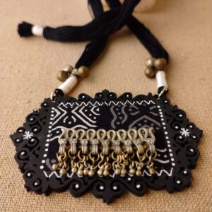 Black MDF Wood with Handloom Fabric Necklace with Tribal Metal