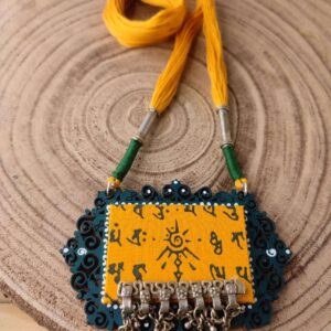 Green MDF Wood with Yellow Handloom Fabric Necklace with Tribal Metal