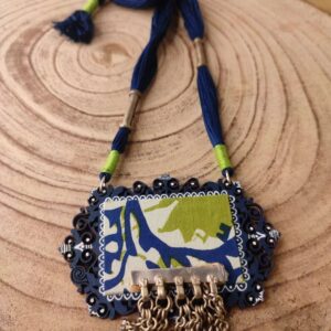 Blue MDF Wood with Green Handloom Fabric Necklace with Tribal Metal