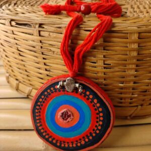 Red Mandala Art Painted Wooden Log Necklace