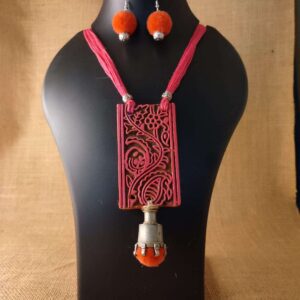 Rectangle Painted Wooden Block Necklace with Topli (Pink)