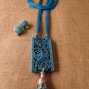 Rectangle Painted Wooden Block Necklace with Topli (Blue)
