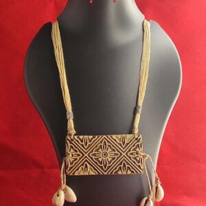 Beige Rectangle Painted Wooden Block Necklace with Kowree & Thread Work