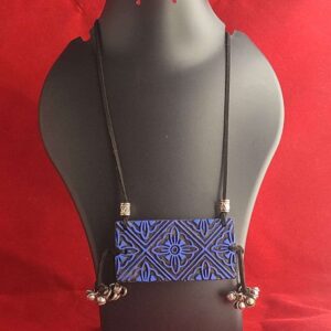 Blue Rectangle Painted Wooden Block Necklace with Metal Ghungroo