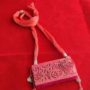 Pink Rectangle Painted Wooden Block Necklace with Oxidised Coins & Thread Work