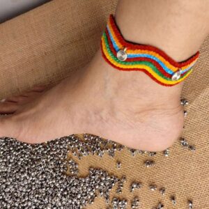 Rainbow Color Embroidered Fabric Anklets with Metal Motifs