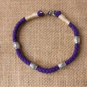 Purple & Beige Braided Cotton Thread Boho Anklet with Metal Beads