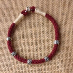 Maroon Braided Cotton Thread Boho Anklet with Metal Beads
