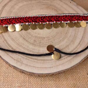 Red Silk Embroidered Fabric Anklets with Brass Trinklets