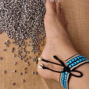 Blue Silk Embroidered Fabric Anklets with Natural Kowrees
