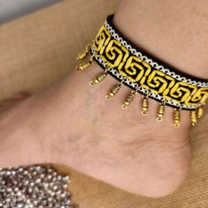 Yellow Silk Embroidered Fabric Anklets with Metal Charms