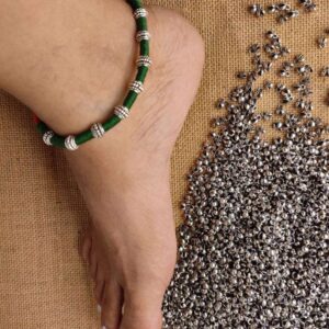 Green & Red Braided Cotton Thread Boho Anklets with Metal Beads