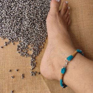 Blue & Brown Braided Cotton Thread Boho Anklets with Metal Beads