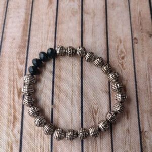 Oxidised Silver Metal Beads Bracelet with Black Crystal Beads