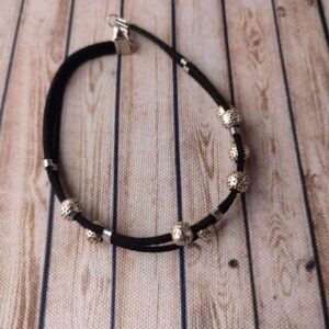 Black Faux Leather Cord Bracelet with Metal Beads