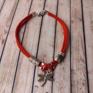Red Faux Leather Bracelet with Metal Beads & Charms