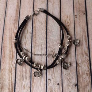 Black & Oxidised Silver Beads & Charms Faux Leather Bracelet