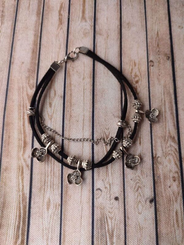 Black & Oxidised Silver Beads & Charms Faux Leather Bracelet