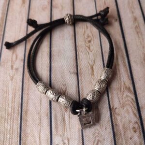 Black Leather Cord Bracelet with Metal Charms
