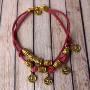 Maroon Faux Leather Cord Bracelet with Metal Beads