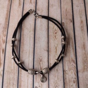 Black Faux Leather Cord Bracelet with Metal Charms
