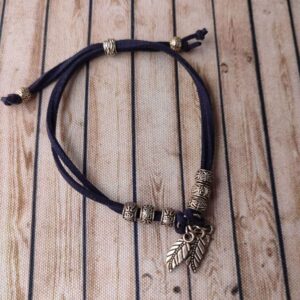 Navy Blue Faux Leather Cord Bracelet with Metal Charms