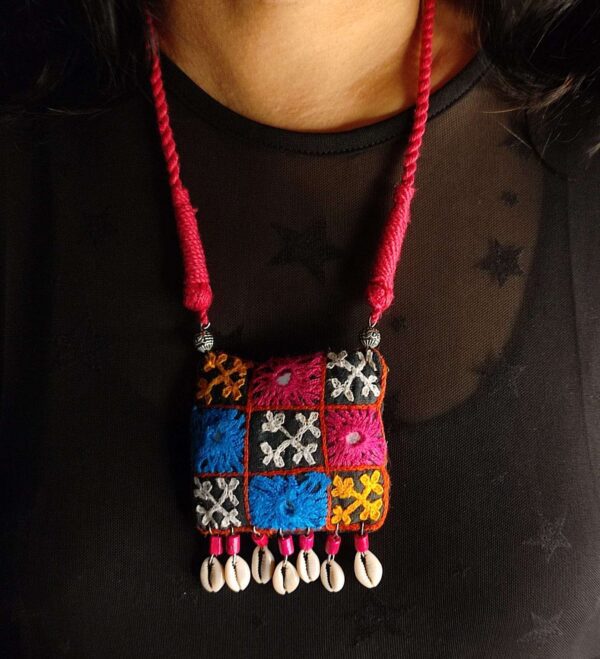 Square Multi Colored Kutchi Work Potli Necklace