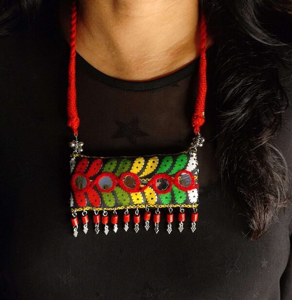 Rectangle Multi Colored Kutchi Work Potli Necklace