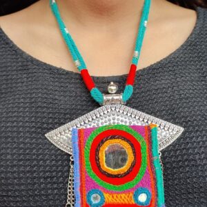 Tribal Mirror Patch with Metal Pendant Necklace