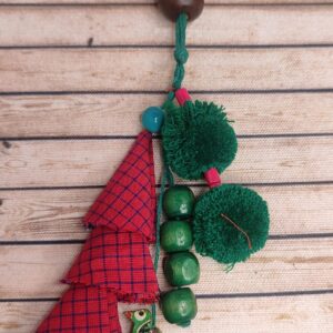 Wooden Hair Bun Sticks | Red & Green Fabric, Beads & Pom Poms