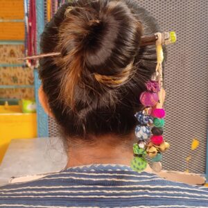 Wooden Hair Bun Sticks | Colorful Fabric Potlis, Brass Ghungroos, Beads