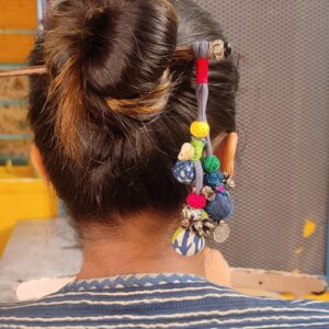 Wooden Hair Bun Sticks | Colorful Fabric Potlis, Oxidised Ghungroos, Beads