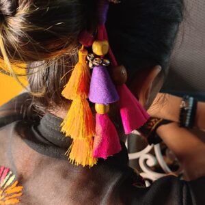 Wooden Hair Bun Sticks | Red & Purple Fabric, Orange Tassles & Beads