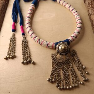 Tribal Choker Necklace with Brass Pendant and Latkans.