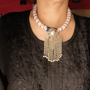 Tribal Choker Necklace with Brass Pendant and Latkans.