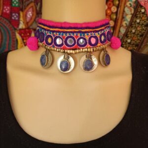 Afghani Choker in Pink Rabari Mirror Work with Old Coins