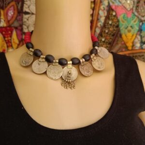 Old Coins Choker Necklace with Beads