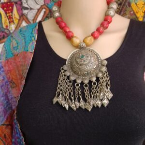 Antique Afghani Dhaal Pendant with Coral Beads