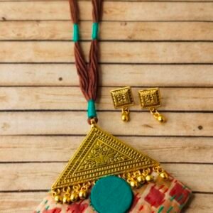 Triangle Kantha Fabric Necklace with Antique Gold Pendant