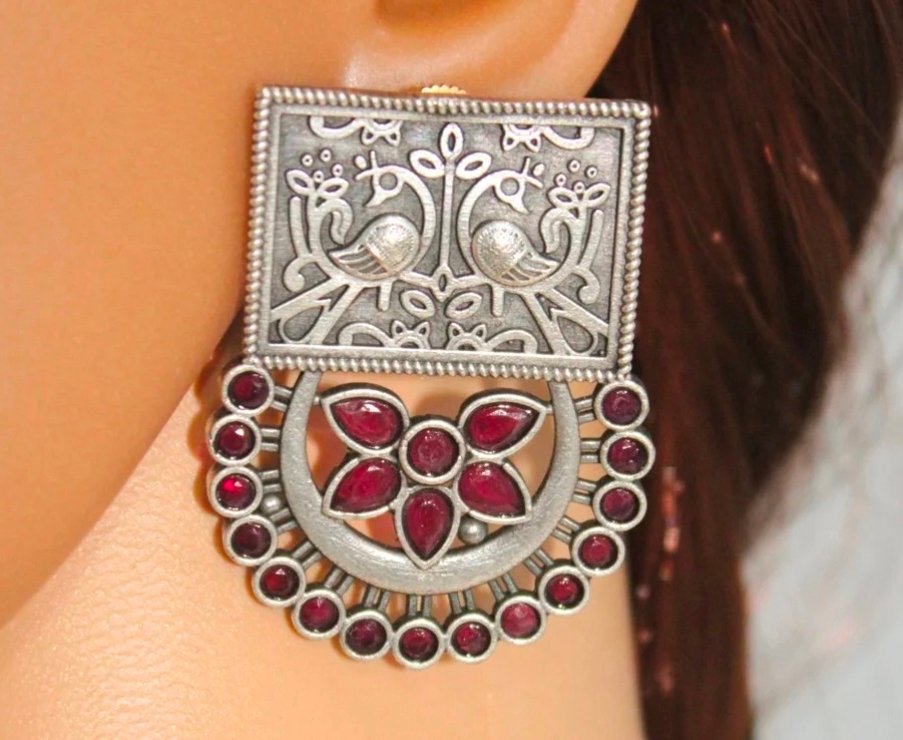 Peacock Emboss Stone Earrings - Image 3