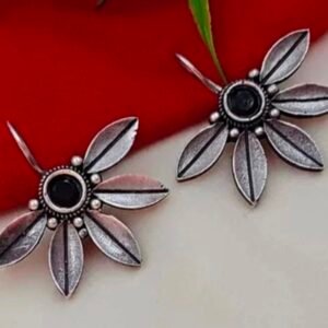 Leaf with Stone Metal Earrings