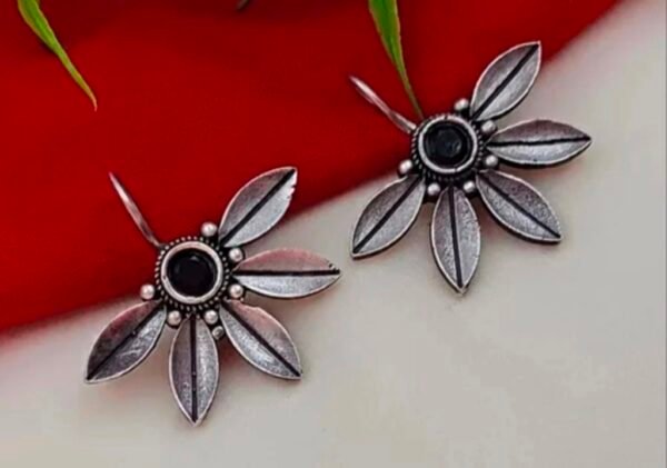 Leaf with Stone Metal Earrings - Image 2