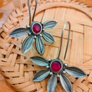 Leaf with Stone Metal Earrings