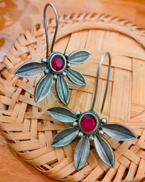Leaf with Stone Metal Earrings