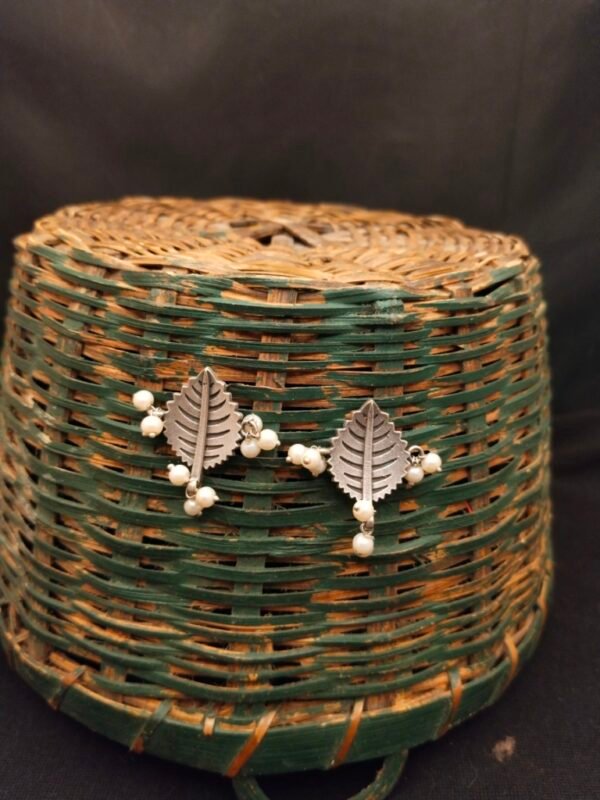 Leaf with Moti Stud Metal Earrings