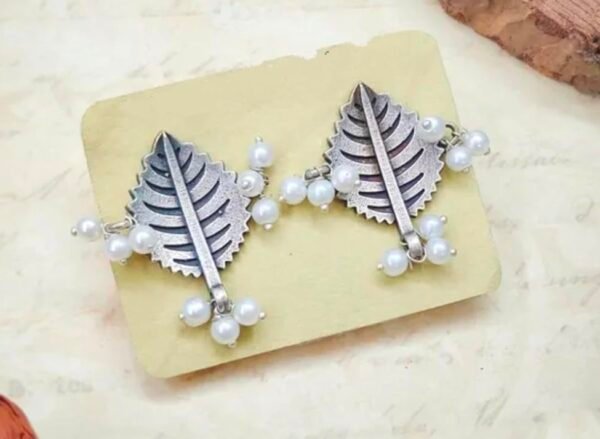 Leaf with Moti Stud Metal Earrings - Image 3