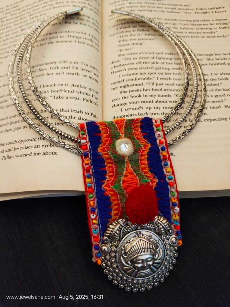 German Silver Oxidised Hasli & Fabric Necklace Set